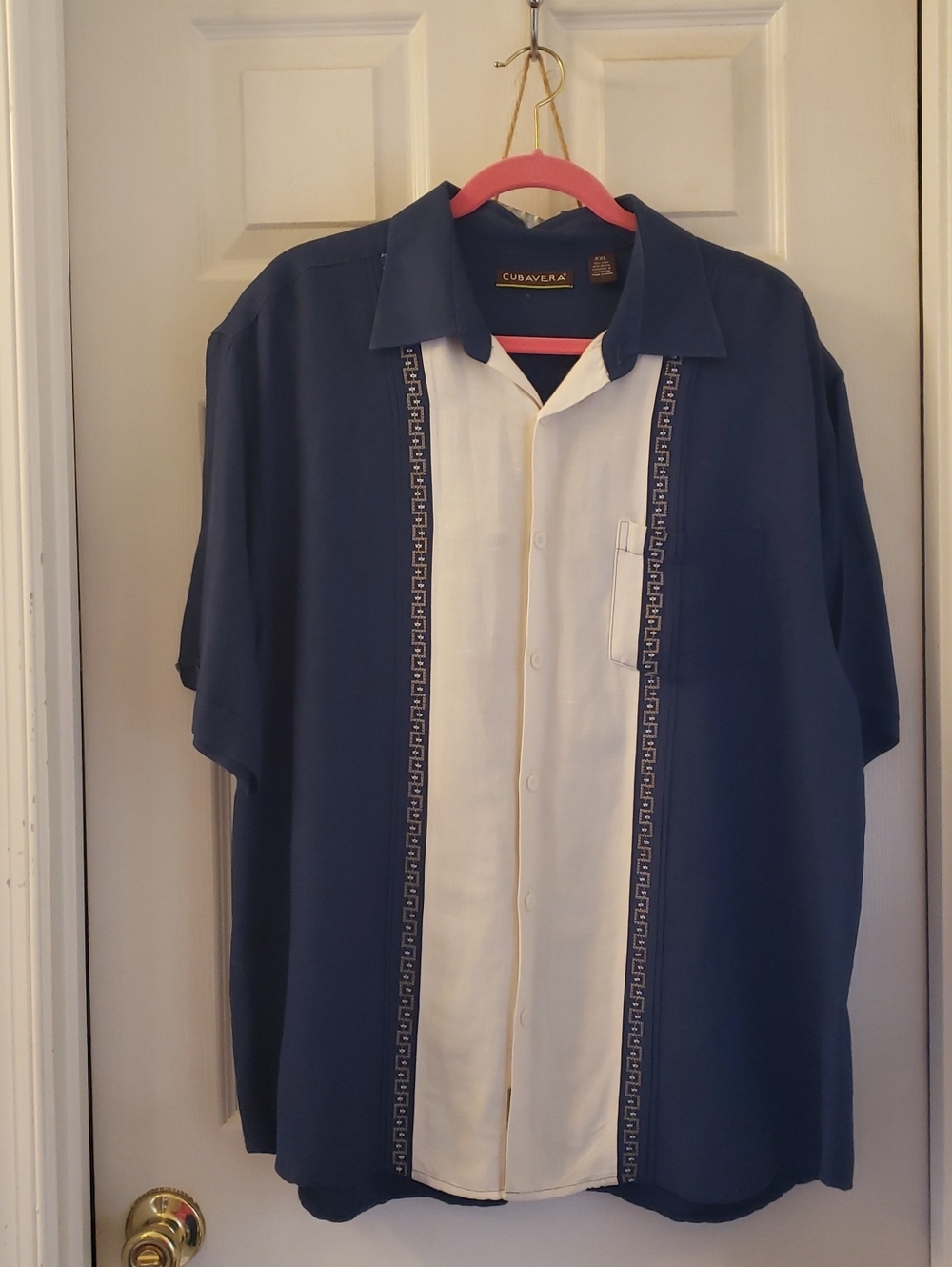 Cubavera Navy and Cream Cuban-Style Short-Sleeve Button Shirt